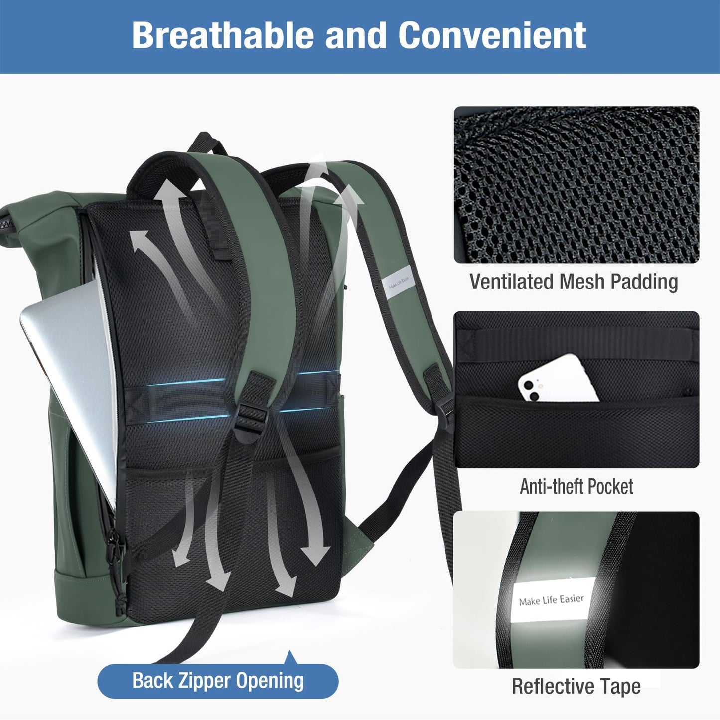 Lekeinchi Rolltop Rucksack Wasserdicht für Damen & Herren, Großer Laptop Rucksack mit Computerfach für 17 Zoll Laptop, Elegant Reiserucksack Daypack für Reisen, Radfahren, Uni Schule, Arbeit-Blau