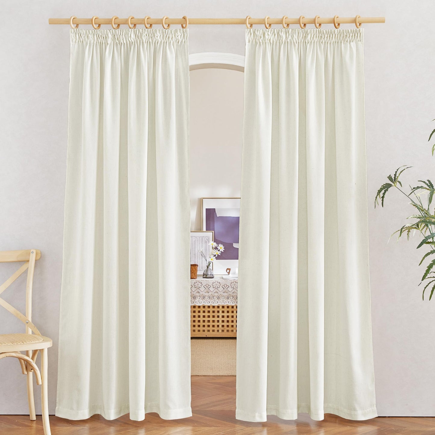 PONY DANCE Leinenvorhang Kräuselband Wohnzimmer Vorhänge Boho 2er Set H 245 x B 140 cm Leinen Gardinen für Schienensystem Leinenoptik Vorhänge Halbtransparent Linen Curtains Living Room, Beige