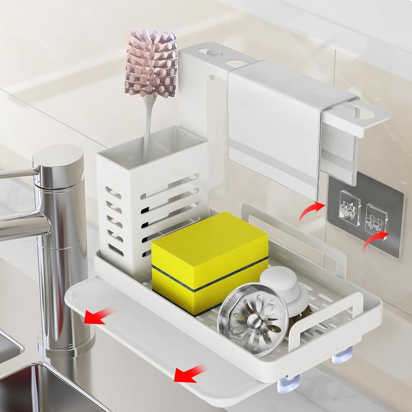 Shunfaji Spülbecken Organizer Spülbecken Caddy Organizer Edelstahl Utensilien Korb für Küche & Badezimmer mit Abflusspfanne, Klebstoff Arbeitsplatte Dual-Use Schwamm Bürste Seifenschale Halter