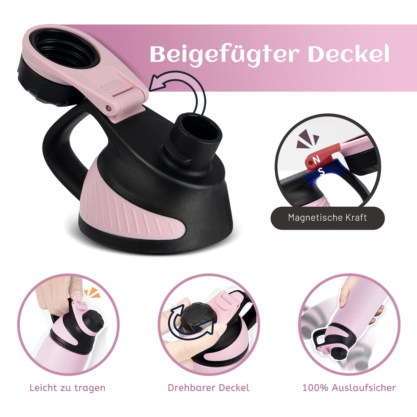 Fjbottle Edelstahl Trinkflasche Sport mit Magnetischem Deckel 1L, 800ml, 600ml, 400ml BPA-Frei Auslaufsichere Kinder Flasche - Kohlensäure geeignet 1500ML Wasserflasche Thermo für Schule, Fitness