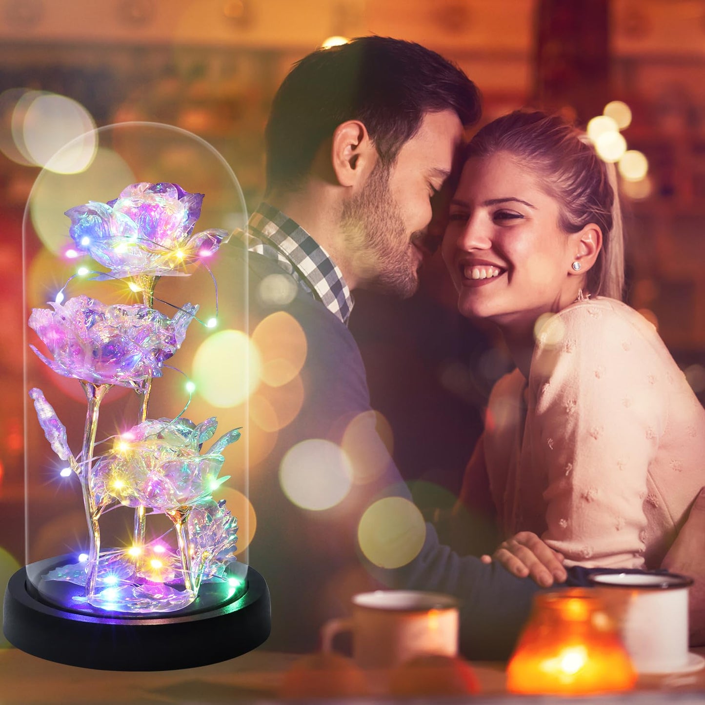 Touloube Geschenke Für Frauen, Galaxy Rose Blume Geschenk, Infinity Rose in Glaskuppel, LED-Lichterkette auf der Kristallrose, Geschenk für Frauen,Hochzeit,Muttertag,Jahrestag und Geburtstag