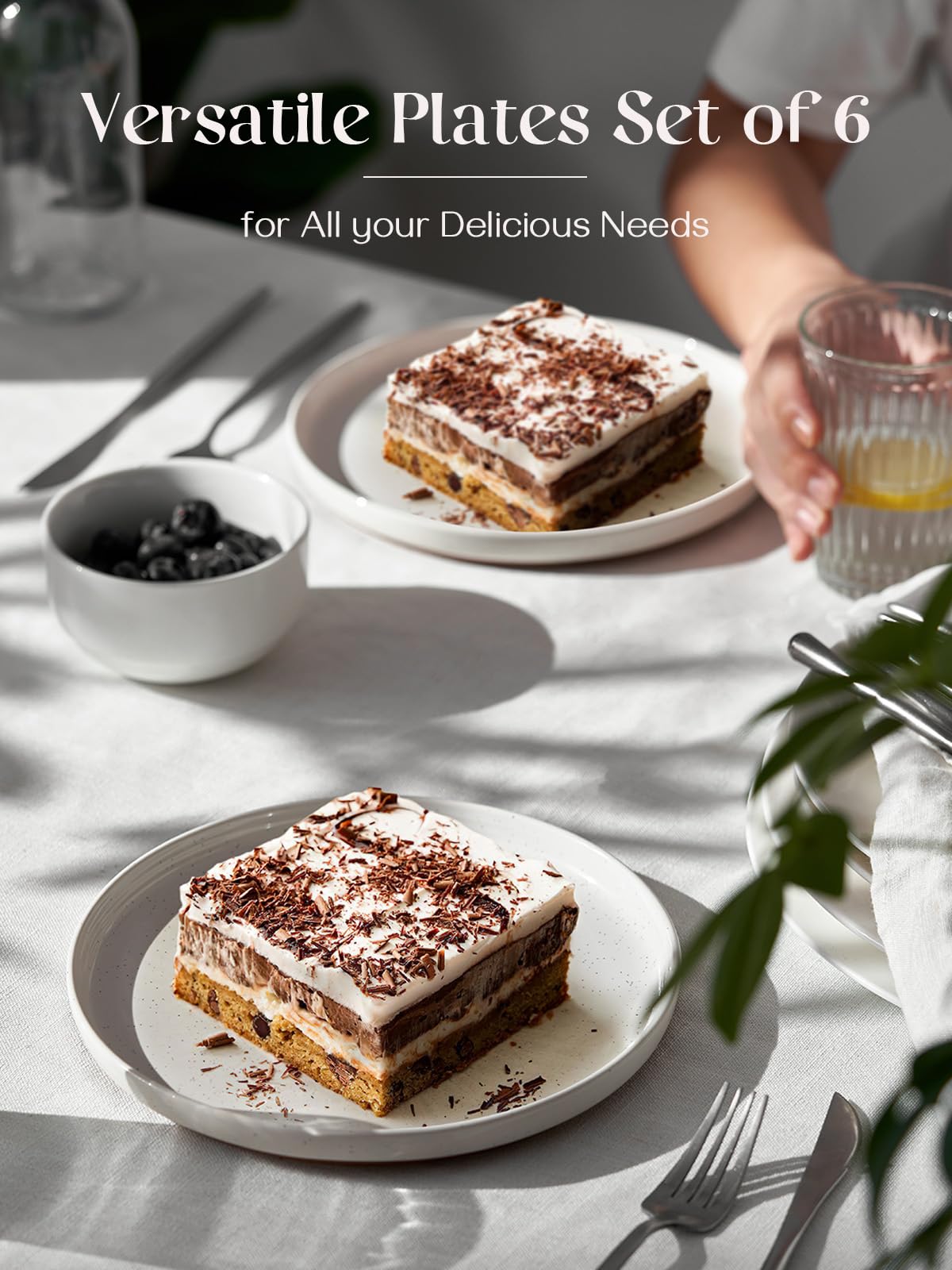 DOWAN Steingut Dessert Teller Set,Tellerset Keramik-6 Personen,21cm Speiseteller Porzellan,Essteller,Steinzeug Geschirrteller,Flache Frühstückstelle teller para Salat,Pasta,Vanille-Weiß