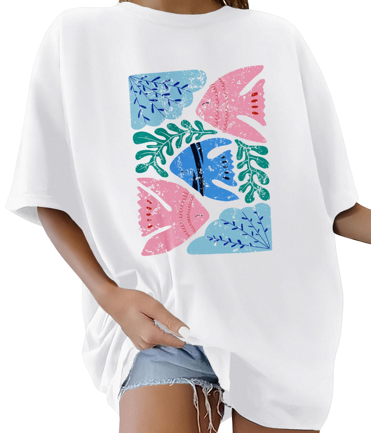 Lonya T Shirt Damen Oversized Vintage Rundhals Kurzarm 80er Jahre Brief Gedruckt Schleife Blumen Sonne Mond Muster Sommer Bluse Baumwolle Oberteile Tops Retro 80s Casual Lockere Basic Tee Shirt