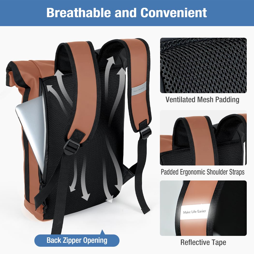 Lekeinchi Rolltop Rucksack Wasserdicht für Damen & Herren, Großer Laptop Rucksack mit Computerfach für 17 Zoll Laptop, Elegant Reiserucksack Daypack für Reisen, Radfahren, Uni Schule, Arbeit-Blau