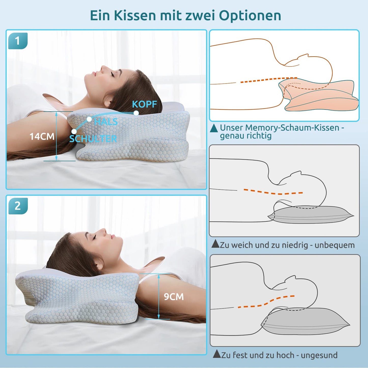 DONAMA Memory Foam Kissen ergonomisches Nackenkissen Kopfkissen Seitenschläferkissen für Seiten, Rücken & Bauchschläfer