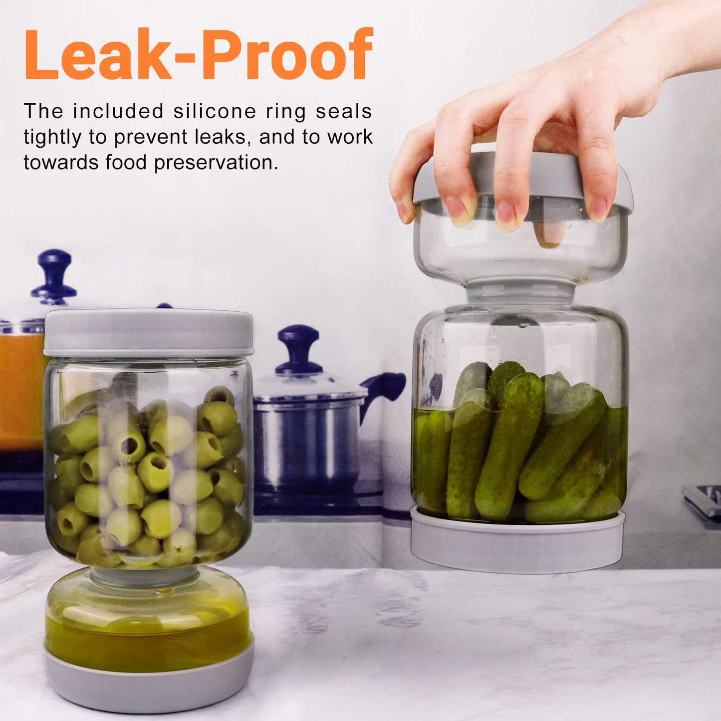 Homnoble Glas Einlegeglas mit Sieb Sanduhr, Pickle und Olive Jar Flip für Saft Separator von Nassen und Trockenen Food-grade ABS Deckel und BPA Frei für Essiggurke Olive Kimchi Jalapenos