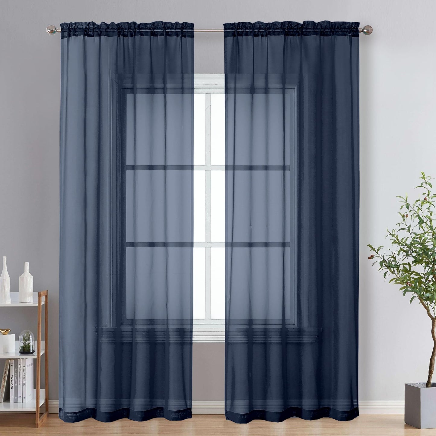 OVZME Extra Lange, durchsichtige Vorhänge, 241,3 cm Länge für französische Tür, Stangentasche, Voile, Fensterbehandlung für Wohnzimmer, Marineblau, 2 Paneele à 42 x 95 l