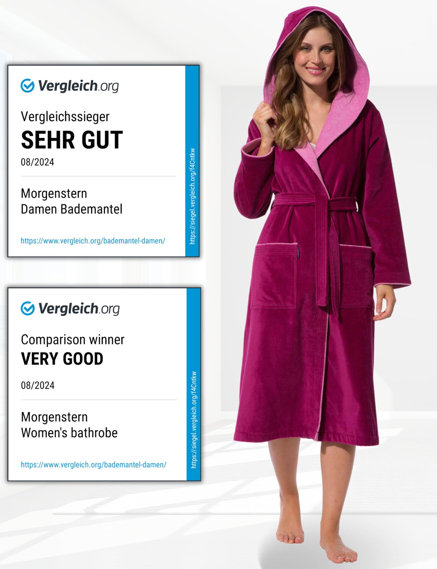 Morgenstern Bademantel Damen 100% Baumwolle mit Kapuze Frottee-Velours OEKO-TEX Leonie