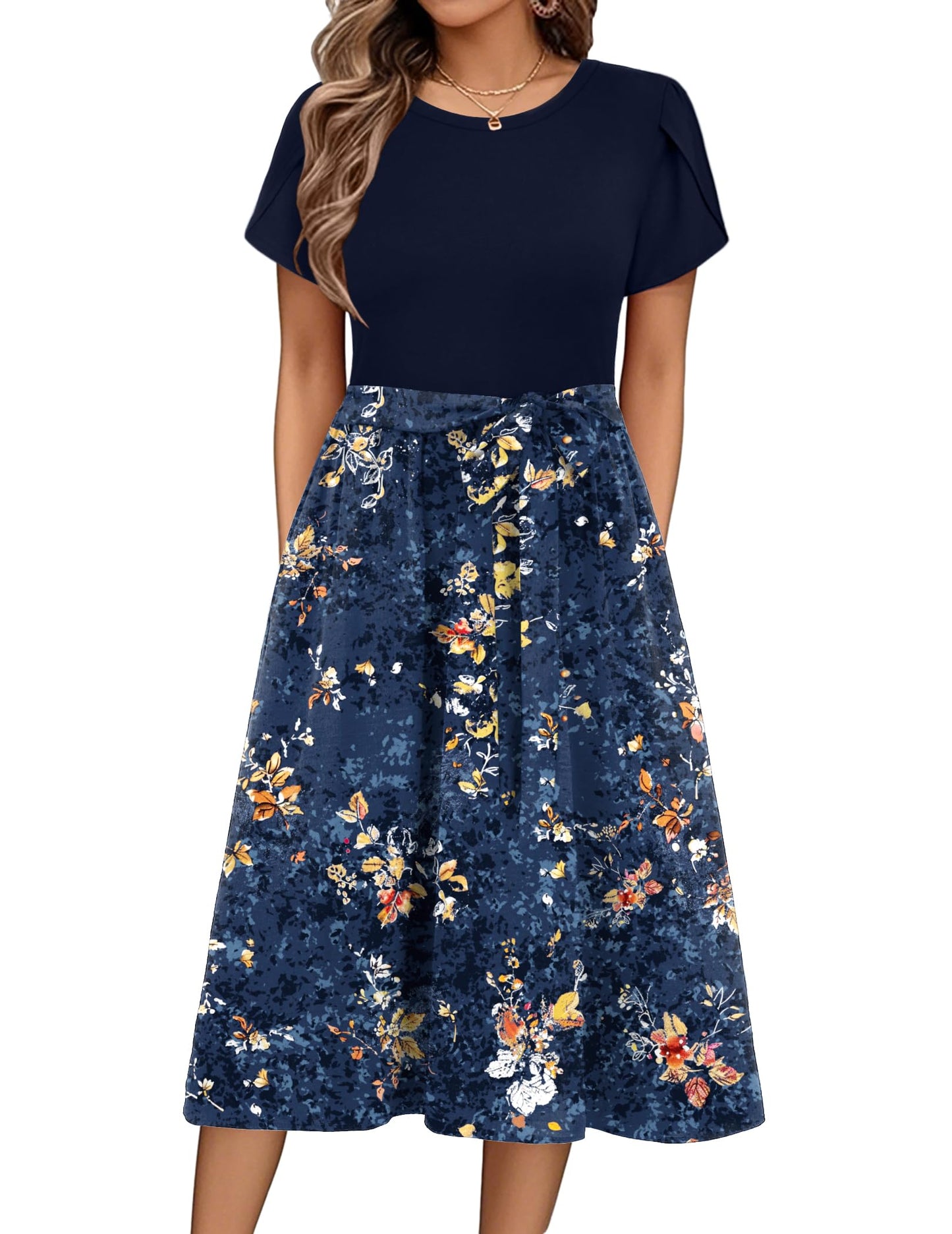 ZEAGOO Sommerkleid Damen Elegant Kleider Kurzarm Rundhals Midikleid A-Linie Blumenkleid Casual Tunika Kleid Hohe Taille Strandkleid mit Taschen S-XXL