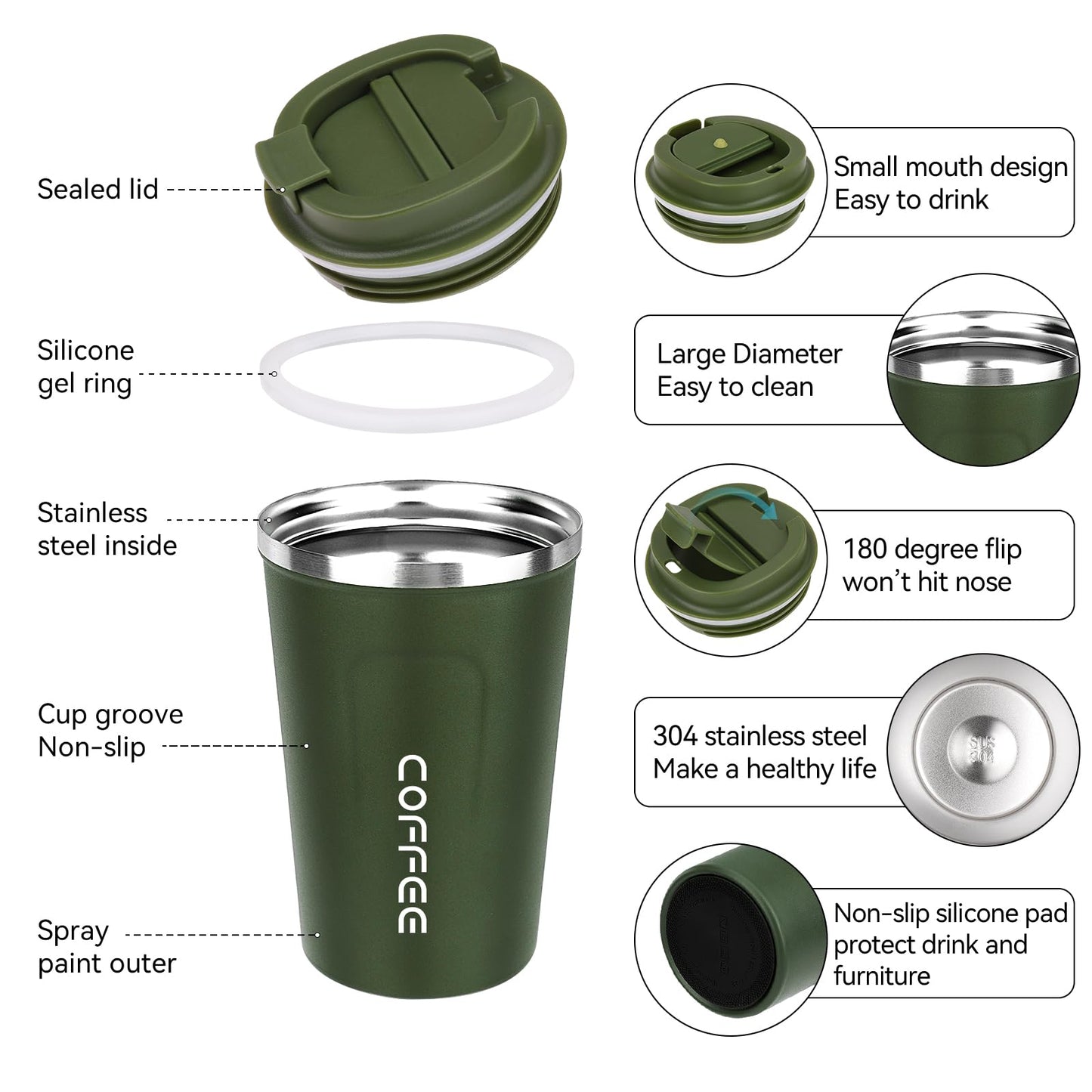 ERBO Kaffeebecher to go, Thermobecher Edelsthal, Auslaufsicher Kaffeetasse Kaffeebecher mit Deckel, Kaffeetasse Thermobecher für Unterwegs Umweltfreundlich, Weiß 380ml