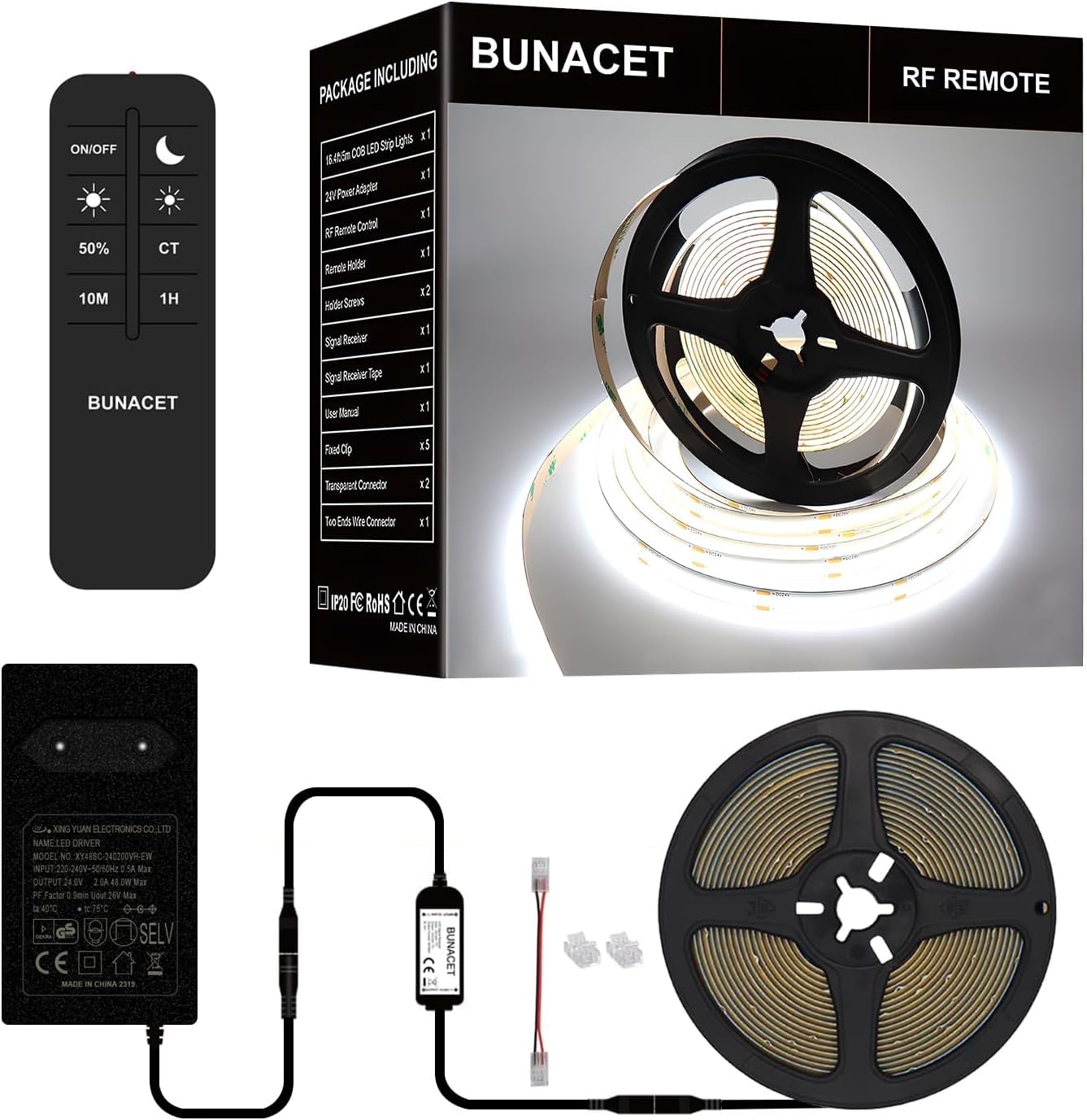 BUNACET COB RGB LED Strip 6M 24V Dimmbar, LED Streifen 3456 LEDs, Leiste Band Stripes Lichtband mit Netzteil RF Fernbedienung & APP Bluetooth für Küche Schlafzimmer Deko