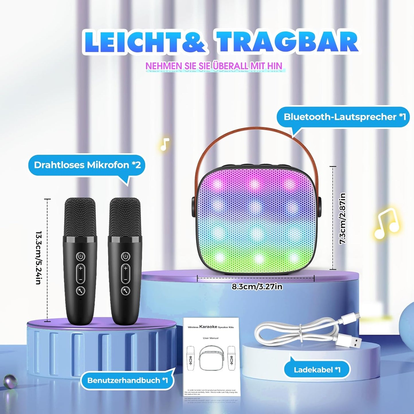 Karaoke Machine with 2 Bluetooth Microphones, Children's Unicorn Christmas Gifts Toy for Girls 3-12 Years, Portable Karaoke Microphone Set with DSP and LED Lights