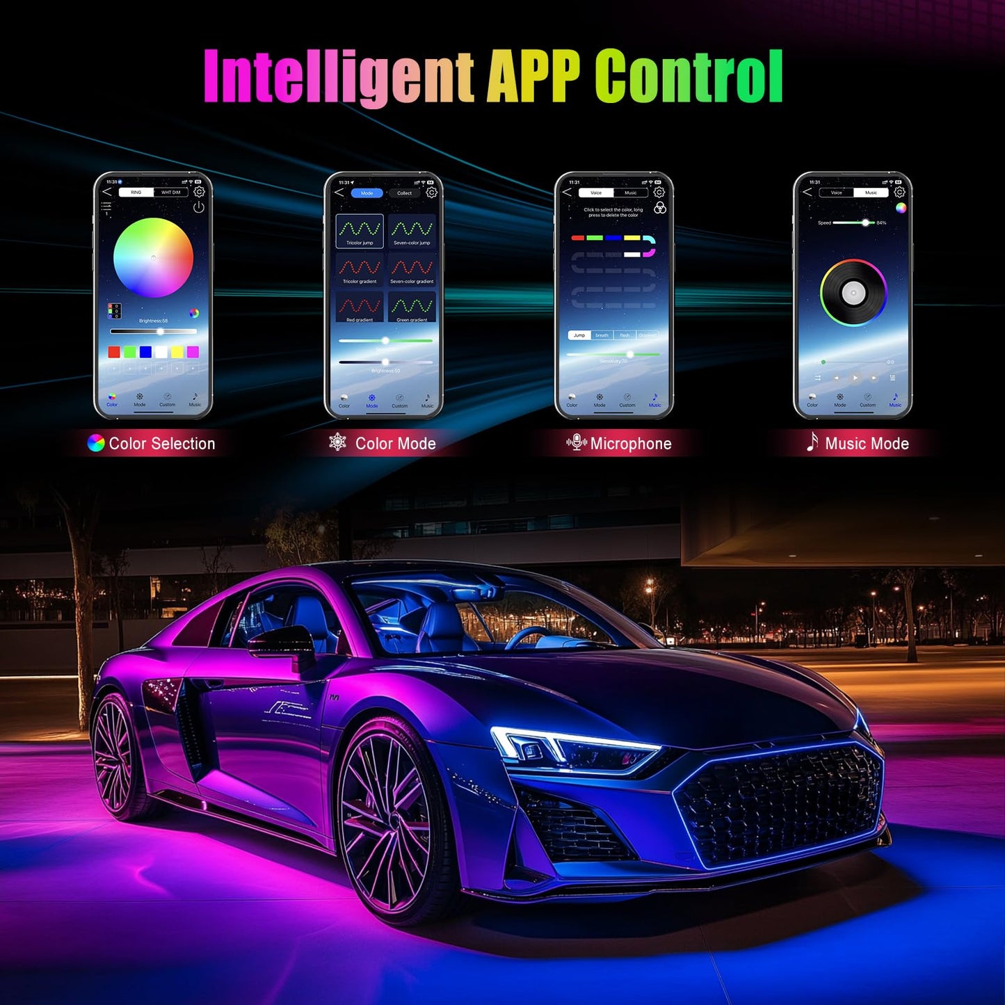 YiLaie RGB LED Interior Lighting Car, Ambient Lighting Car with App Control and 16 Million Colours, Music Mode, Colour Memory, Three Button Control Box, Cigarette Lighter, 12 V