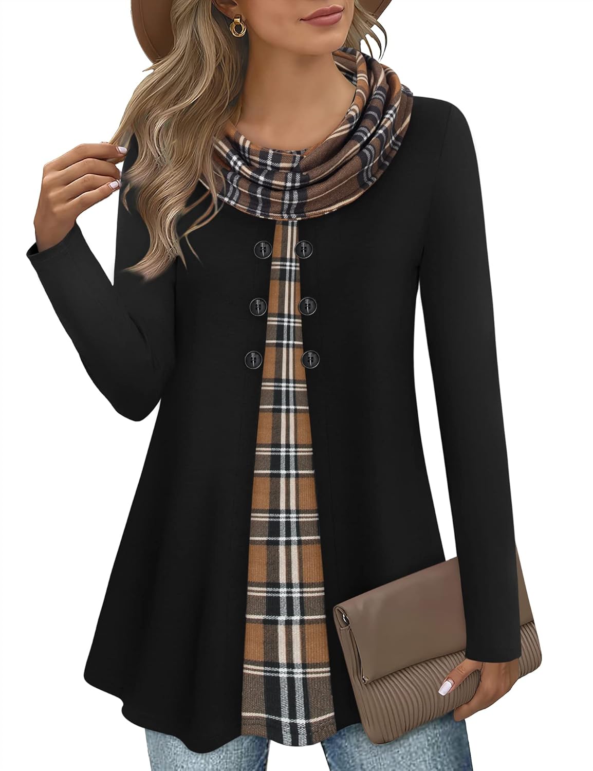 Gaharu Damen Tunika Langarm Elegant Pullover Lang Sweatshirt Schalkragen Patchwork Pulli