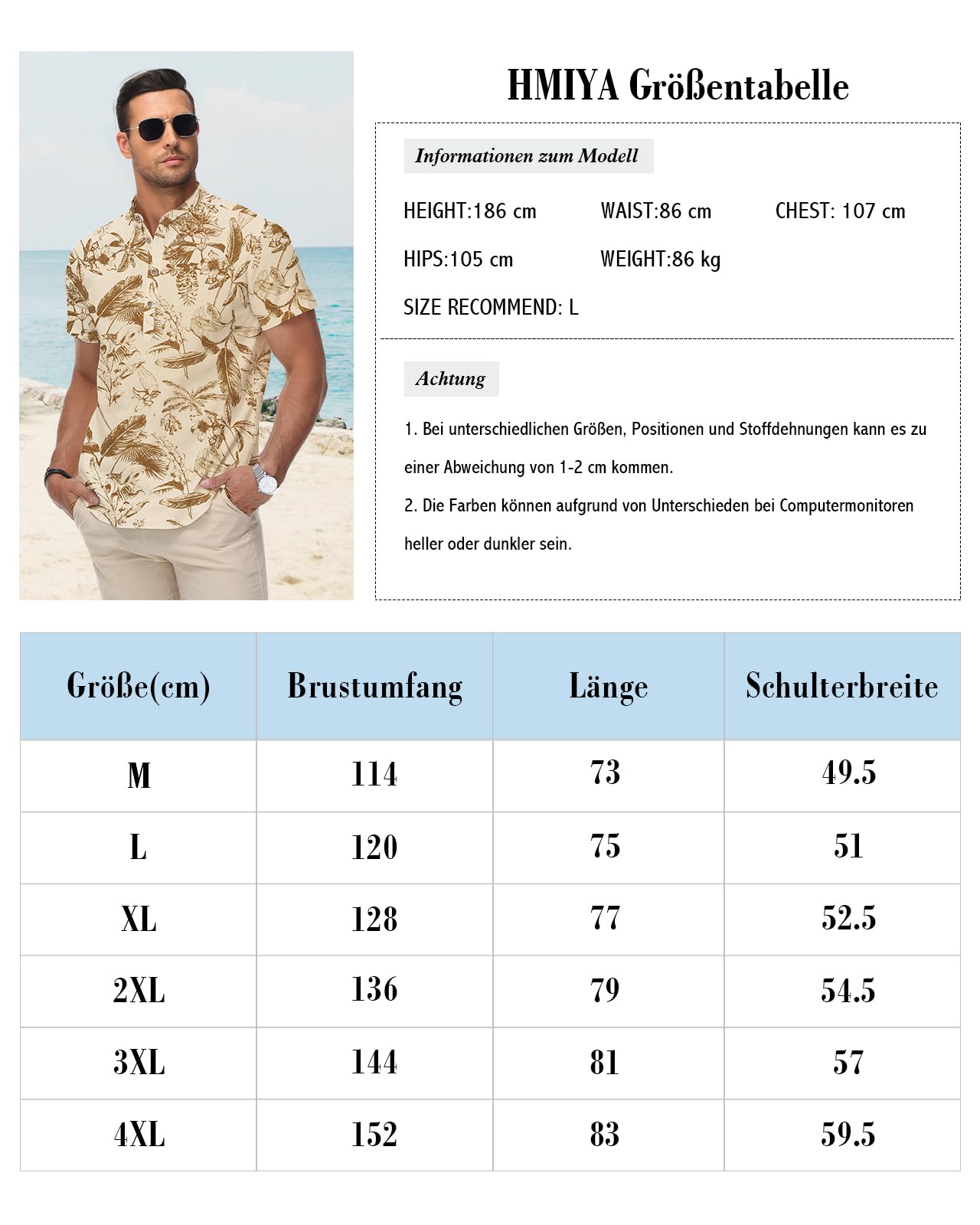 HMIYA Herren Sommerhemd Baumwolle Leinen Kurzarm Hemd Herren Henley-Kragen Lässiges Regular Fit Shirts
