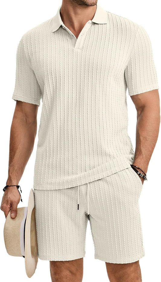 JMIERR Herren Jogginganzug Set Sommer 2 Teiliges Poloshirts Kurzarm Einfarbig Strick mit Kurze Hose Herren mit Elastischer Taille Baggy Freizeitanzug
