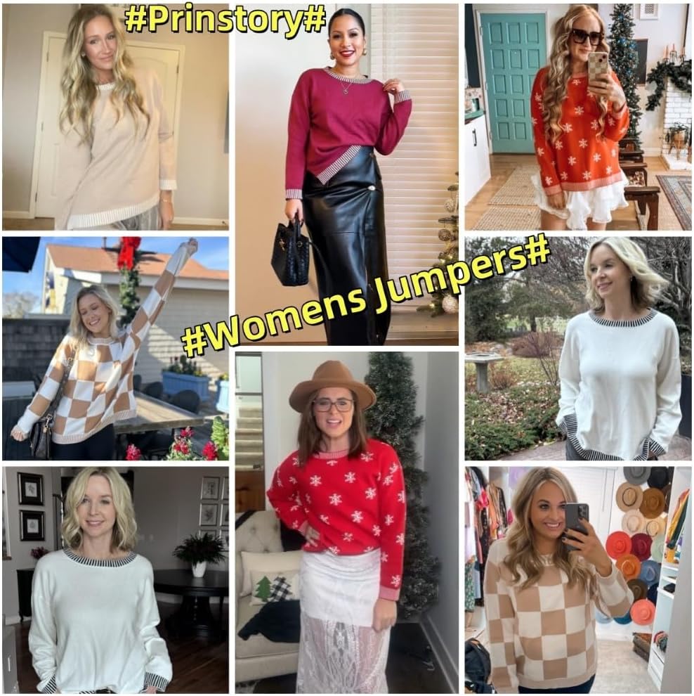 PrinStory Pullover Damen Strickpullover Langarm Rundhals Elegant Lässig Sweatshirt Warm Damen Winter Pullis Strickwaren