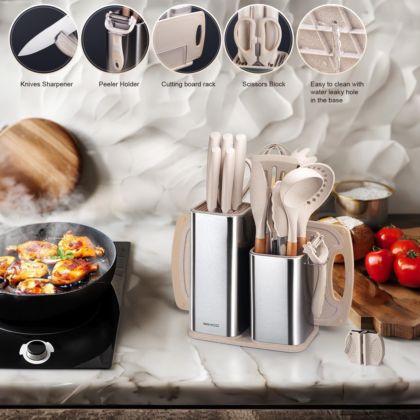 RAXCO Küchenmessersets Mit block,18 Teiligs Küchenutensilien Mit 5 Teiligs Messersets und 7 Teiligs Silikon Pfannenwender,Küchenhelfer sets, Schwarz