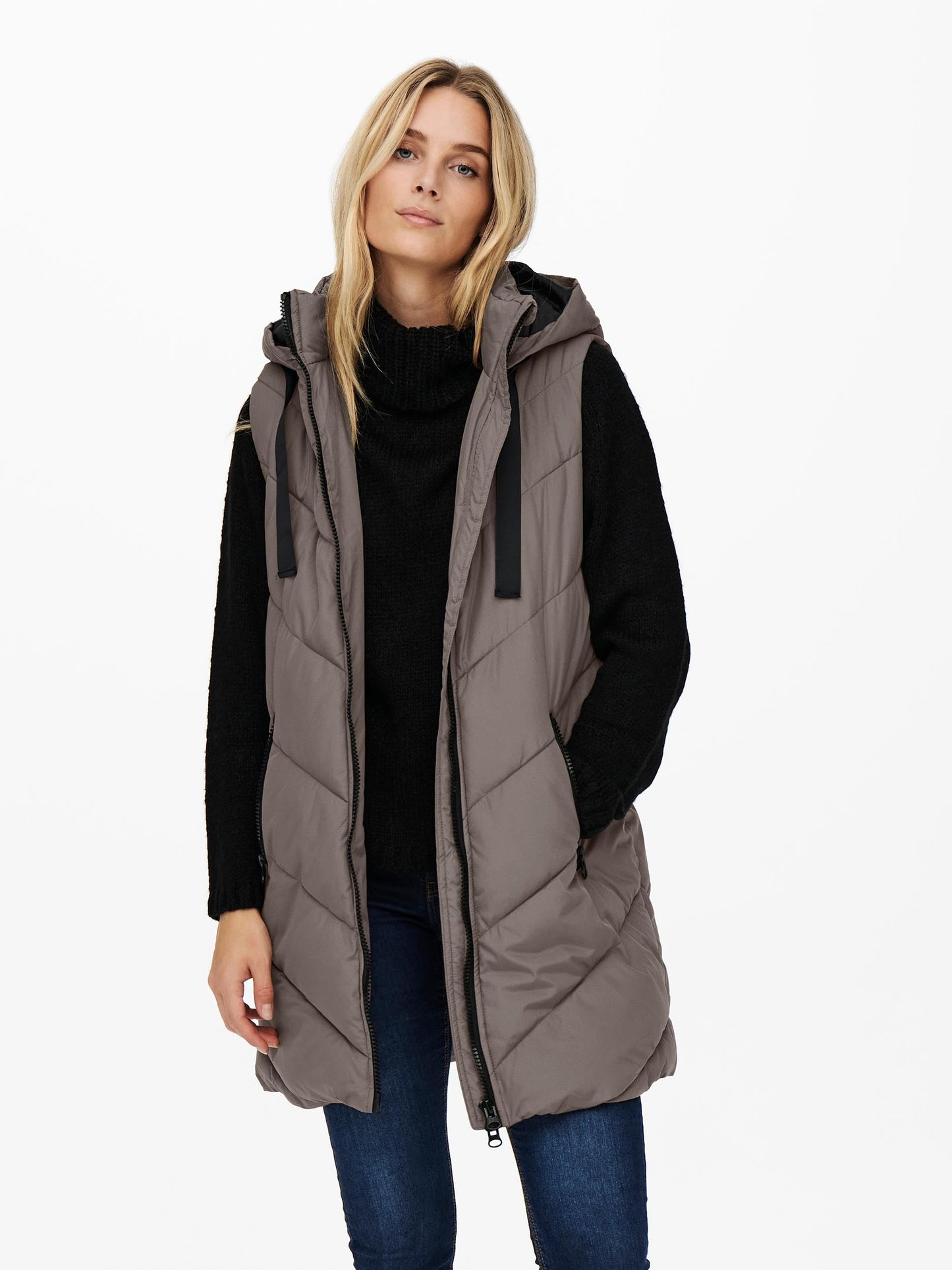 JDY JDYSkylar Women's 3/4 Length Quilted Vest Padded Hood Waistcoat with Hood