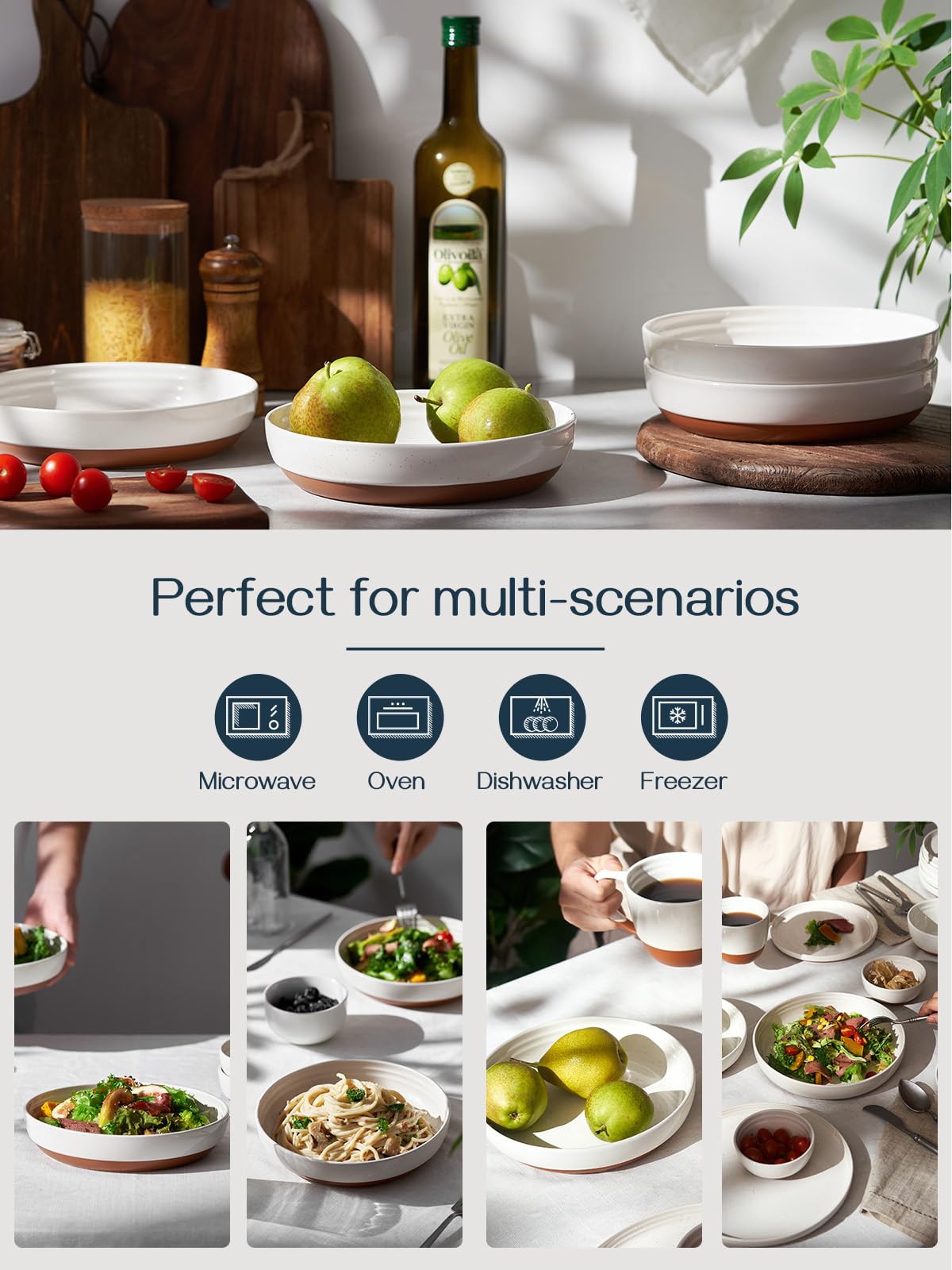 DOWAN Steingut Dessert Teller Set,Tellerset Keramik-6 Personen,21cm Speiseteller Porzellan,Essteller,Steinzeug Geschirrteller,Flache Frühstückstelle teller para Salat,Pasta,Vanille-Weiß