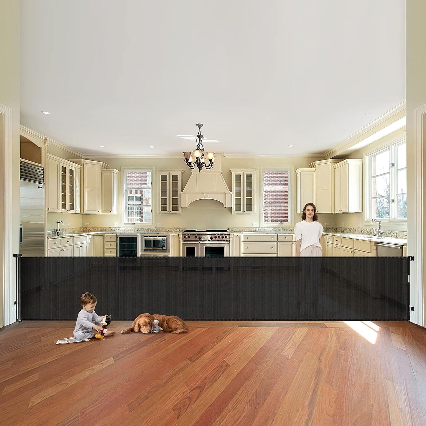 Retractable Stair Safety Gate for Babies, 0-150 cm Wide, Baby Barrier, Cat and Dog Barrier, One-Handed Operation, Suitable for Indoor & Outdoor Use (150 cm, Black)