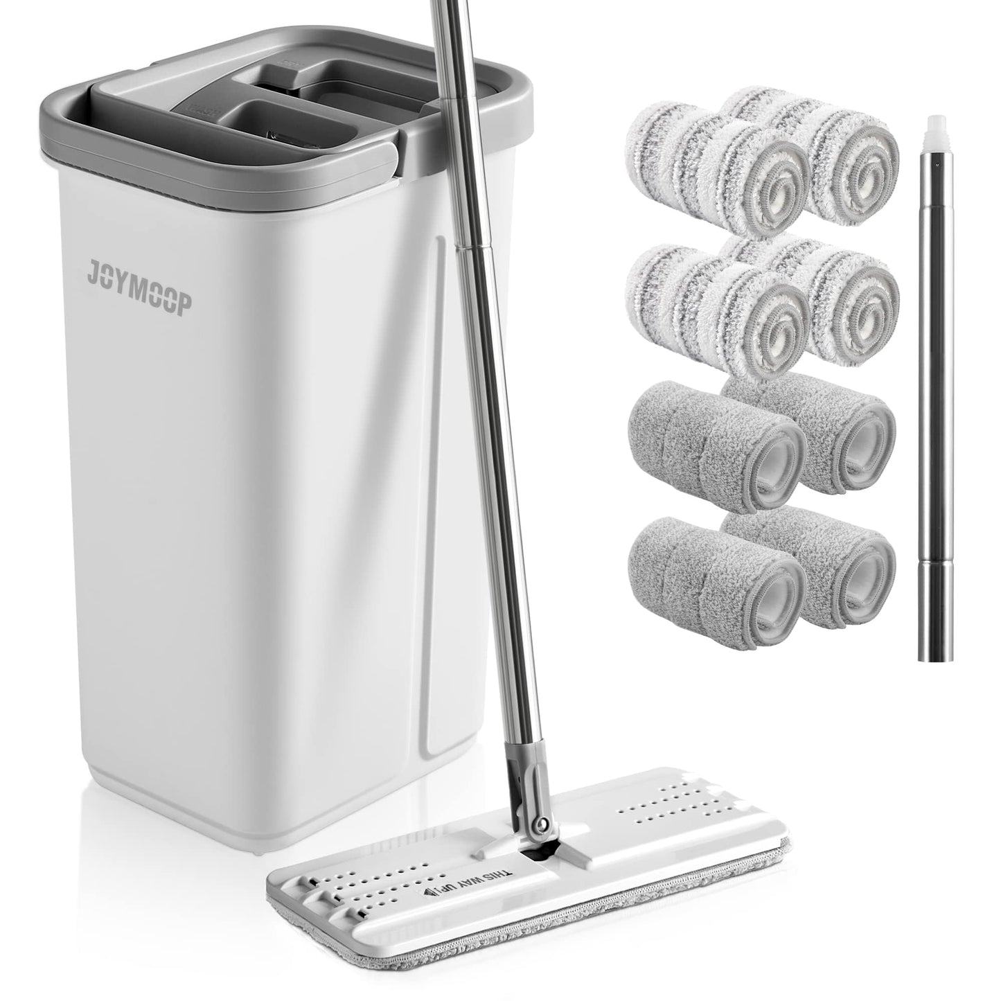 JOYMOOP Mop und Eimer mit Wringer Set, Hands Free Flat Floor Mop und Eimer, mit 5 waschbaren Mikrofaserpads, Nass- und Trockeneinsatz, Bodenreinigungssystem