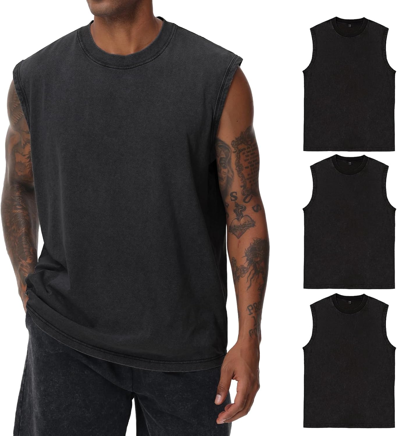 Herren Kurzarm Sommer Ärmelloses Shirt, Männer Fitness ärmellos Weste, Washed Sleeveless t-Shirt, Workout, Fitnessstudio, Baumwolle