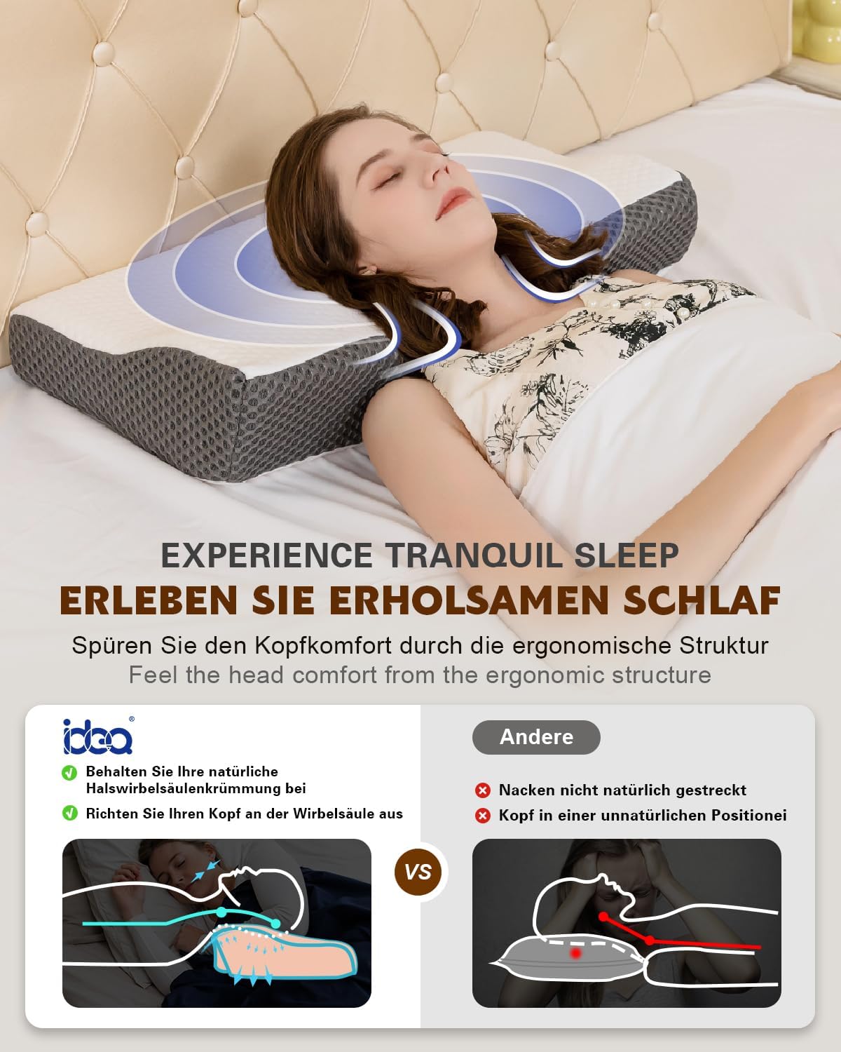 IDEA Kopfkissen Nackenschmerzen, Ergonomisches Orthopädisches Kissen Nackenkissen, Memory Foam Kissen für Seiten, Rücken& Bauchschläfer, Antischnarchkissen für Männer Frauen (62 * 34.5 * 12/8CM)