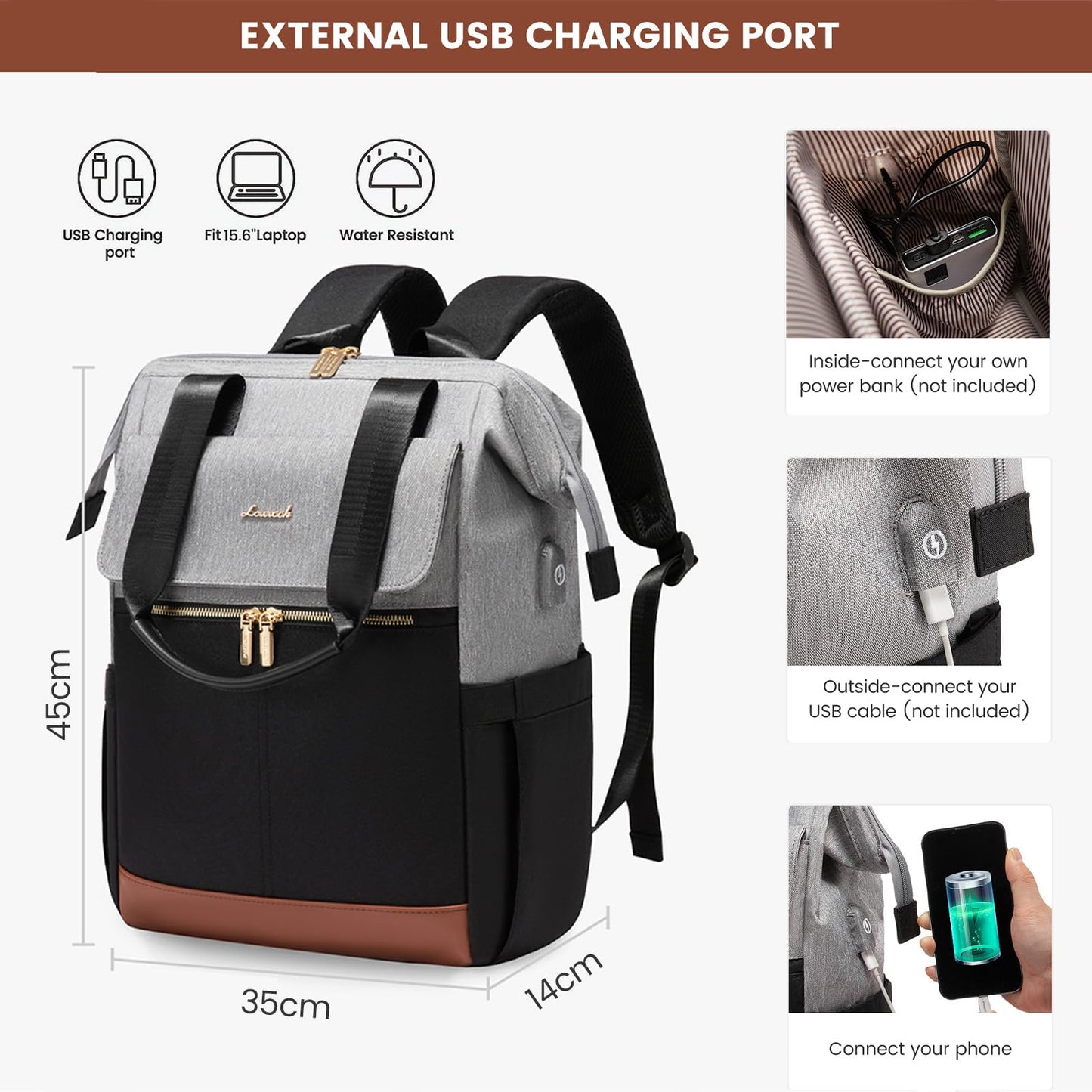 LOVEVOOK Rucksack Damen, Laptop Schulrucksack Wasserdicht, Schultasche Teenager Backpack Women Elegant Tagesrucksäcke Handtasche 2 in 1, 15,6 Zoll Arbeitstasche Lehrertasche Reiserucksack für Uni Büro