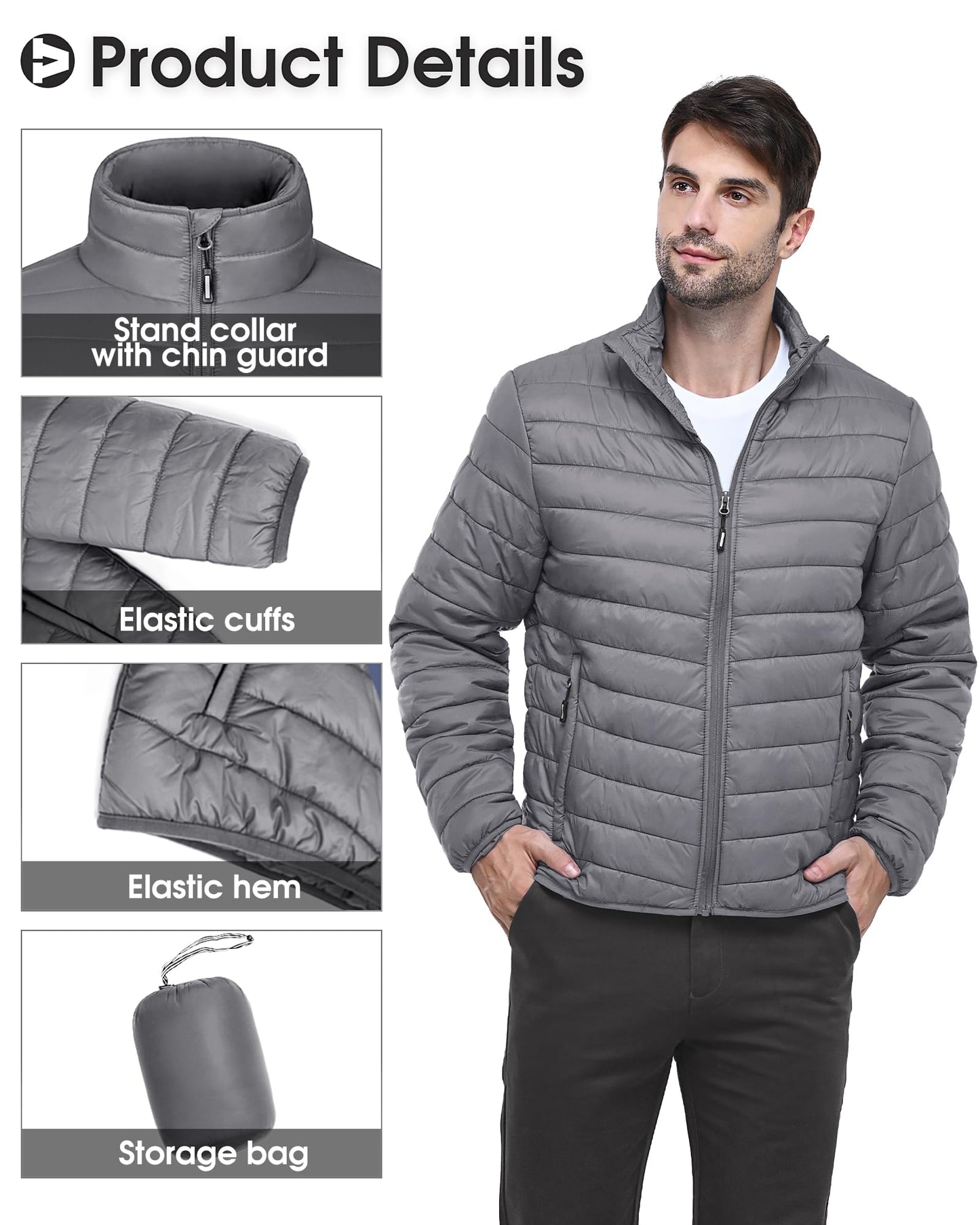 Outdoor Ventures Herren Steppjacke Packbare Leichte Warme Übergangsjacke Herren Wasserfeste Pufferjacke mit 3 Taschen für Outdoor Casual Wandern