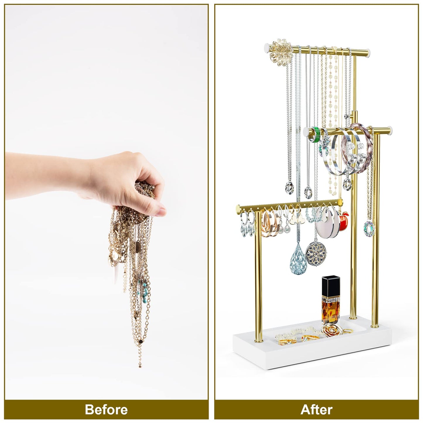 SRIWATANA Schmuckständer Holz Schmuckhalter Kettenhalter 3 Stäbe Drehbar (51cm) Schmuckbaum Schmuckaufbewahrung für Ketten Ohrringen Ringen Uhren und Armbändern