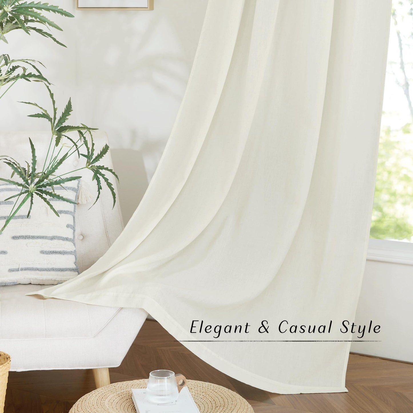 PONY DANCE Leinenvorhang Kräuselband Wohnzimmer Vorhänge Boho 2er Set H 245 x B 140 cm Leinen Gardinen für Schienensystem Leinenoptik Vorhänge Halbtransparent Linen Curtains Living Room, Beige