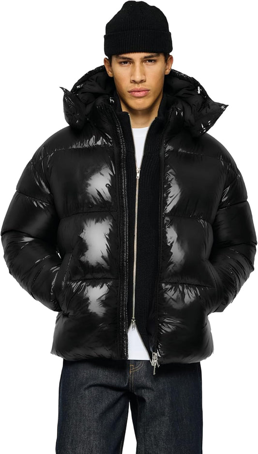 Burocs Hooded Puffer Jacket - Black Glossy - Oversized Herrenjacke - abnehmbare Kapuze - Reißverschluss - Innentasche