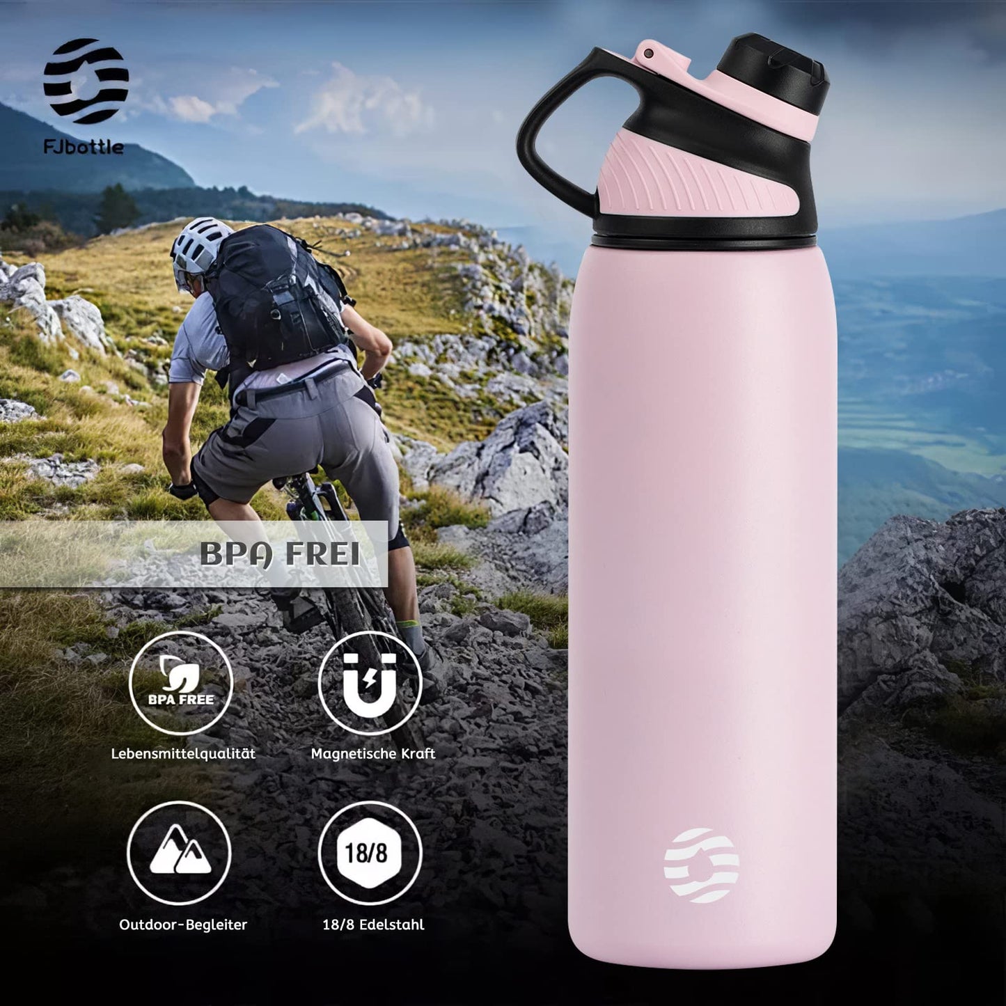 Fjbottle Edelstahl Trinkflasche Sport mit Magnetischem Deckel 1L, 800ml, 600ml, 400ml BPA-Frei Auslaufsichere Kinder Flasche - Kohlensäure geeignet 1500ML Wasserflasche Thermo für Schule, Fitness