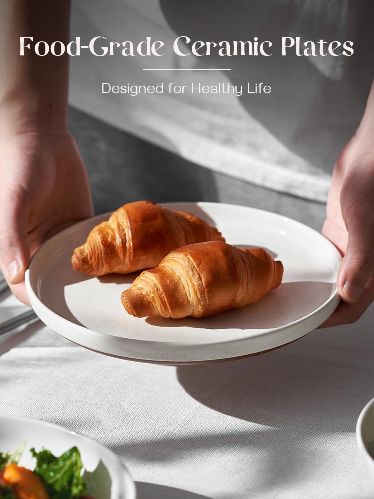 DOWAN Steingut Dessert Teller Set,Tellerset Keramik-6 Personen,21cm Speiseteller Porzellan,Essteller,Steinzeug Geschirrteller,Flache Frühstückstelle teller para Salat,Pasta,Vanille-Weiß