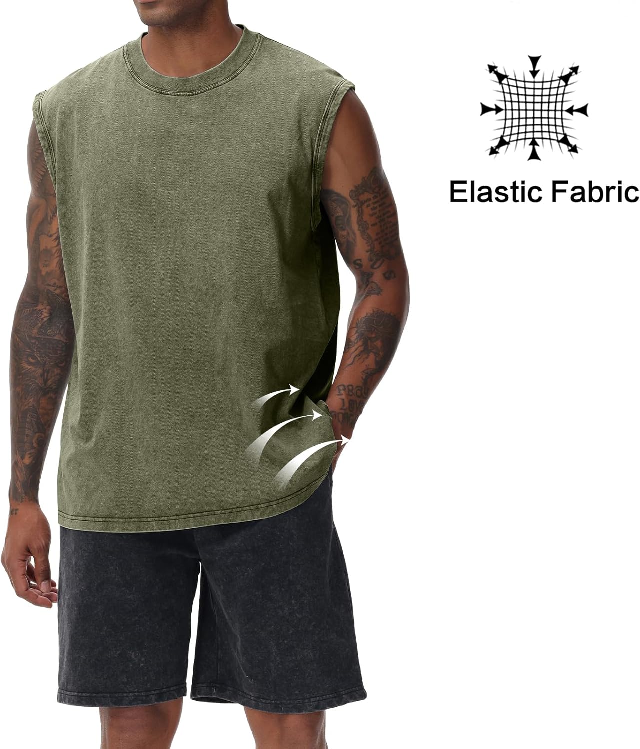 Herren Kurzarm Sommer Ärmelloses Shirt, Männer Fitness ärmellos Weste, Washed Sleeveless t-Shirt, Workout, Fitnessstudio, Baumwolle