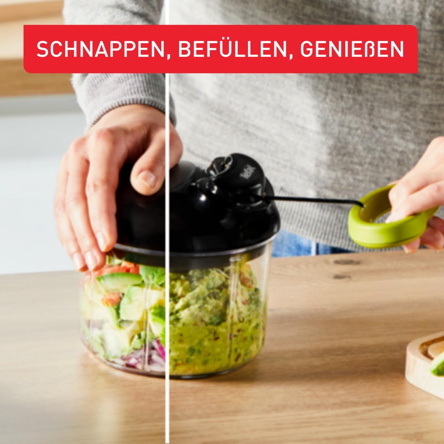Tefal K13204 Ingenio 5-Sekunden-Zerkleinerer ohne Strom | Fassungsvermögen: 900ml | Multizerkleinerer | Universalzerkleinerer für Gemüse, Obst, Nüsse, Knoblauch, Babynahrung | Schwarz/Grün/Transparent