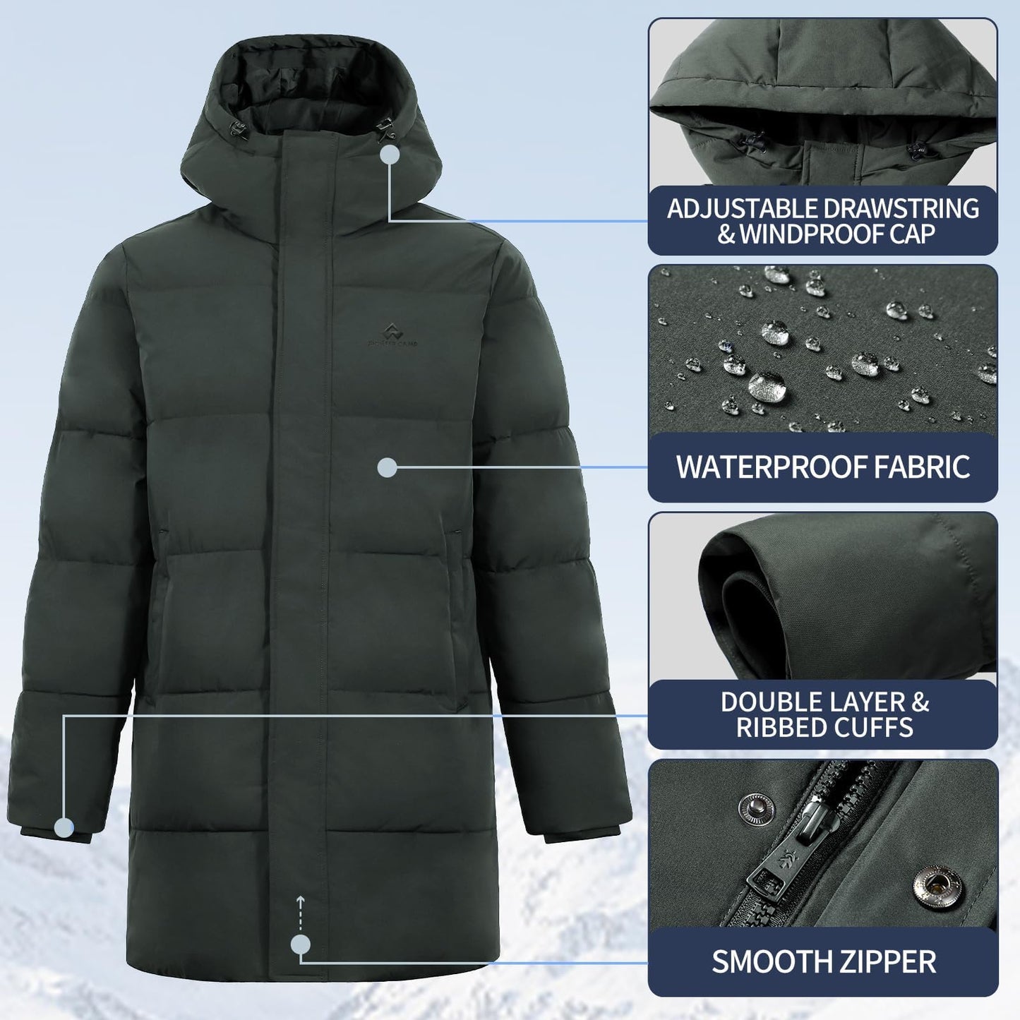 Pioneer Camp Men's Winter Jacket Long Windproof Waterproof Warm Down Jacket Winter Outdoor Parka Jacket with Hood
