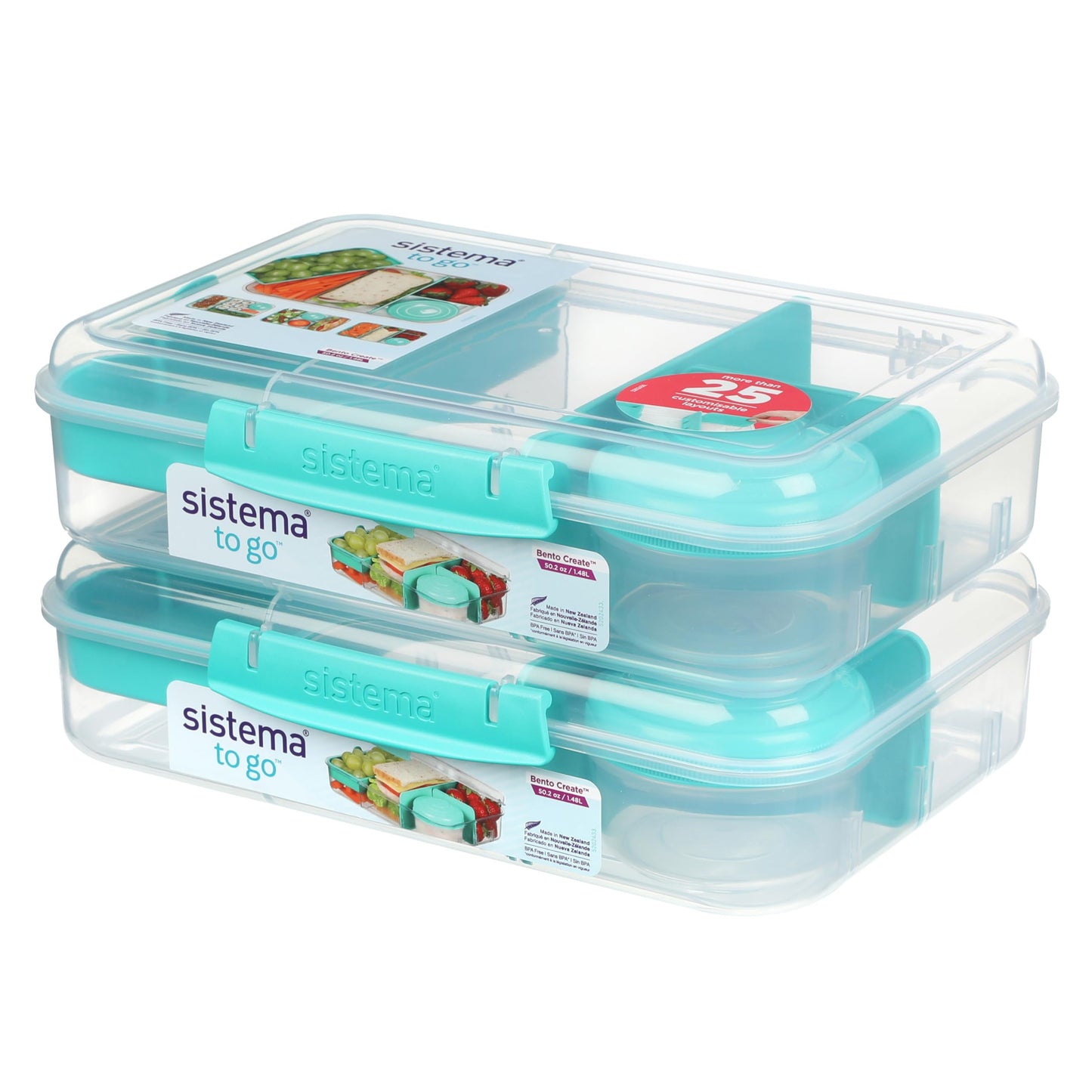 Sistema Bento-Box | 1,25 L | Brotdose für Pause mit Fächern und Snackbox | BPA-frei | hergestellt aus Ocean Bound Plastic | Teal Stone | 1 Stück, Mintgrün (Recycelter Kunststoff)