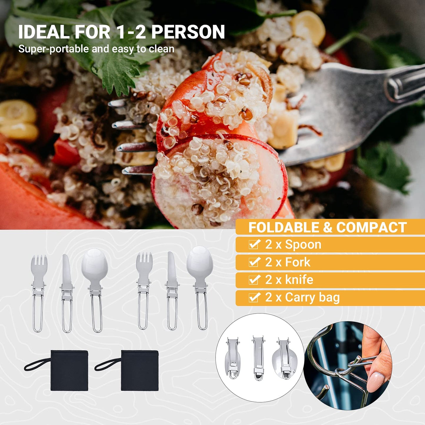 KingCamp Camping Geschirr Set 2-4 Personen I Camping Kochgeschirr aus Edelstahl I Camping Töpfe mit Faltbare Besteck I Ultraleicht Camping Topf Pfanne Set für Campingkocher