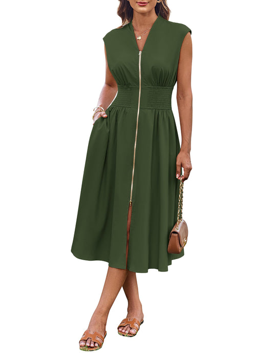 GRACE KARIN Damenkleid mit Reißverschluss vorne V-Ausschnitt A-Linie Cocktail Midi Party Hochzeitskleid mit Tasche