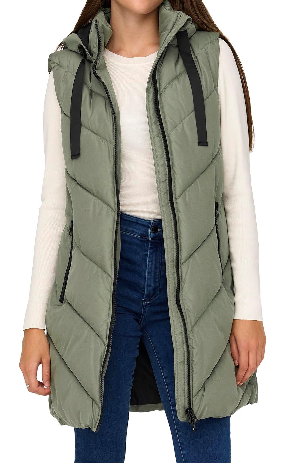 JDY JDYSkylar Women's 3/4 Length Quilted Vest Padded Hood Waistcoat with Hood