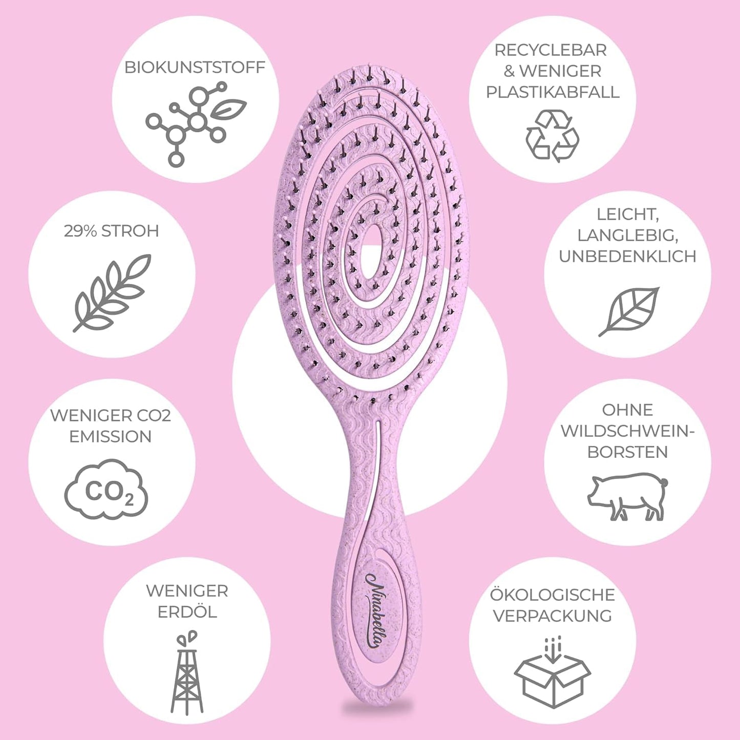 Ninabella Haarbürste ohne Ziepen für Damen, Herren & Kinder - Entwirrbürste auch für Locken & Lange Haare - Einzigartige Profi Detangler-Bürste mit Spiralfeder - Schwarz
