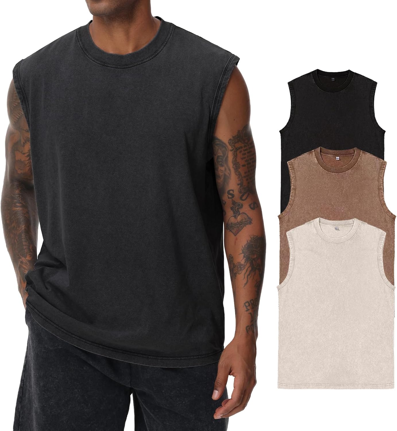 Herren Kurzarm Sommer Ärmelloses Shirt, Männer Fitness ärmellos Weste, Washed Sleeveless t-Shirt, Workout, Fitnessstudio, Baumwolle