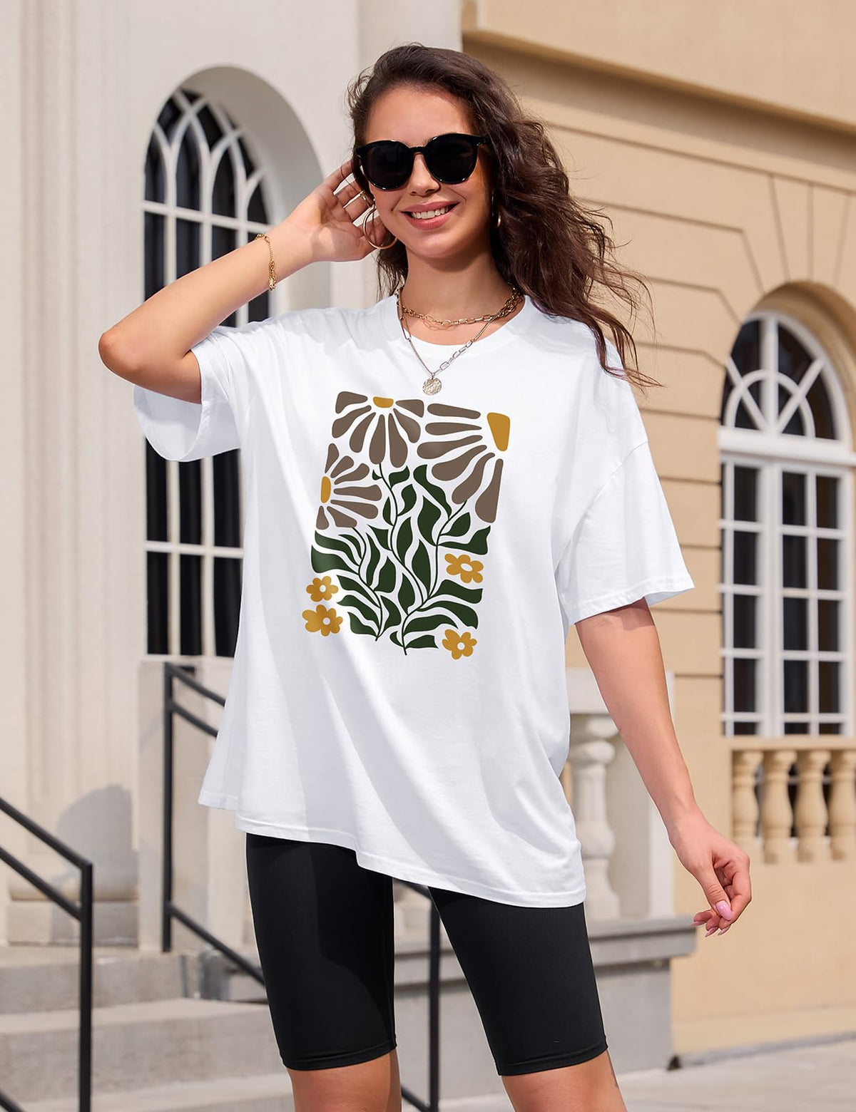 Lonya T Shirt Damen Oversized Vintage Rundhals Kurzarm 80er Jahre Brief Gedruckt Schleife Blumen Sonne Mond Muster Sommer Bluse Baumwolle Oberteile Tops Retro 80s Casual Lockere Basic Tee Shirt