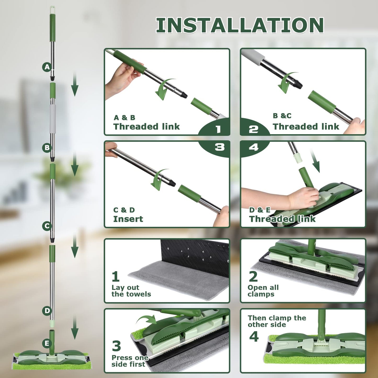 Masthome Wischmopp Bodenwischer Bodenreiniger,Mikrofaser Mopp mit 128cm Teleskopstiel,Wischer Boden Flachmopp mit 4 Moppads für Hartholz,Laminat,Fliesen,Marmor,Send Scraping Dust