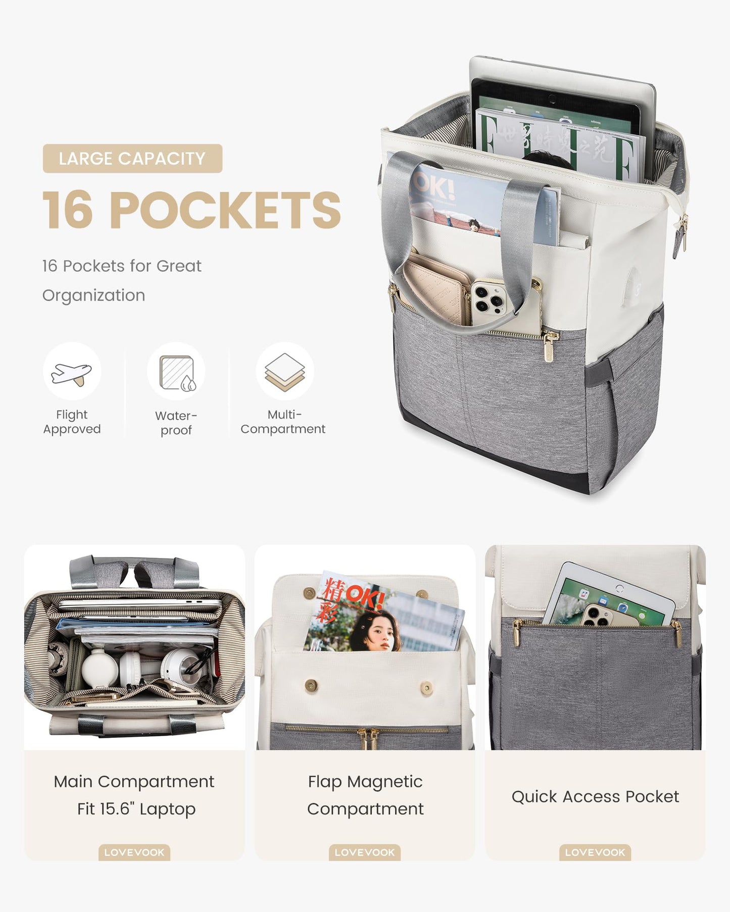 LOVEVOOK Rucksack Damen, Laptop Schulrucksack Wasserdicht, Schultasche Teenager Backpack Women Elegant Tagesrucksäcke Handtasche 2 in 1, 15,6 Zoll Arbeitstasche Lehrertasche Reiserucksack für Uni Büro