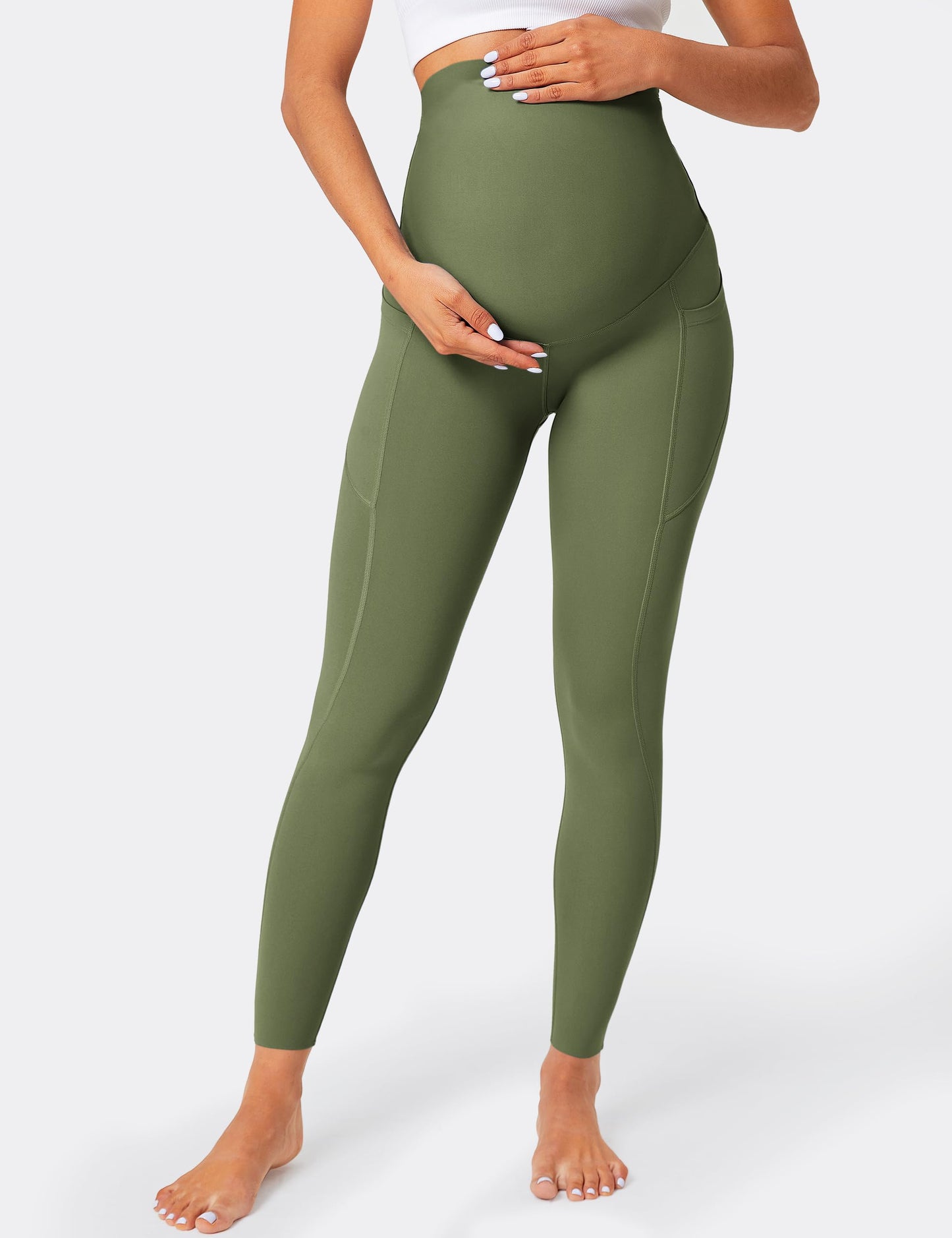 BAYDI Damen Umstandsleggings mit Taschen Blickdichte Lange Schwangerschaftsleggings High Waist Umstandshose Damen Weich elastisch Schwangerschaftshose