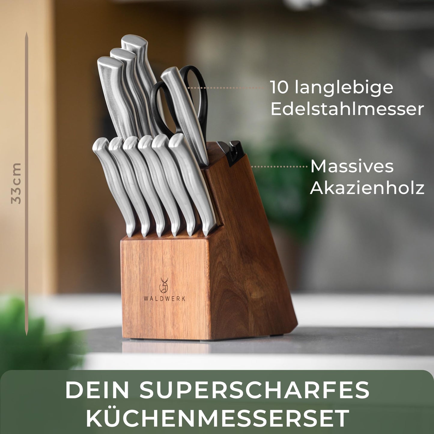 WALDWERK Küchenhelfer Set aus Teakholz - 4 teiliges Kochlöffel Set mit Pfannenwender, Holzlöffel, Nudelschöpfer und Halterung - Kochlöffel Holz - Pfannenwender Holz - Kochutensilien Set