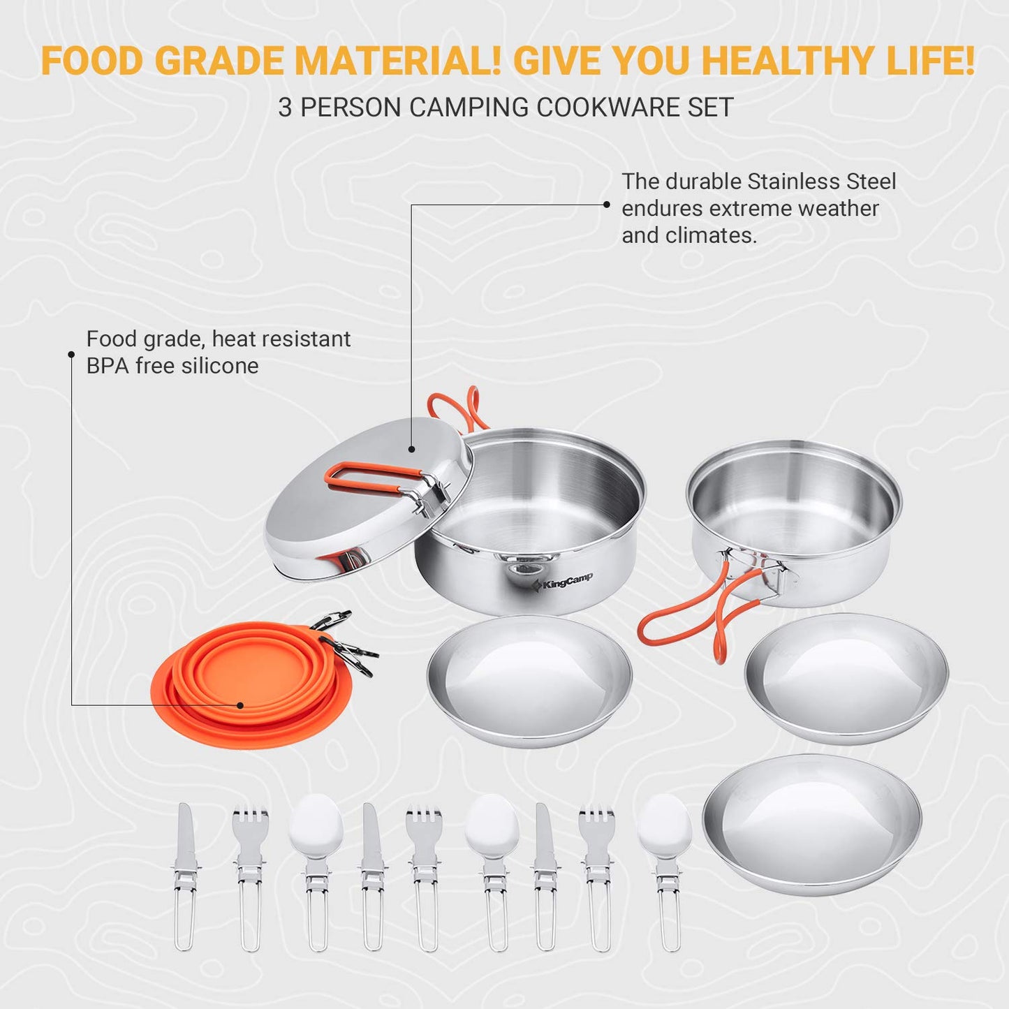KingCamp Camping Geschirr Set 2-4 Personen I Camping Kochgeschirr aus Edelstahl I Camping Töpfe mit Faltbare Besteck I Ultraleicht Camping Topf Pfanne Set für Campingkocher